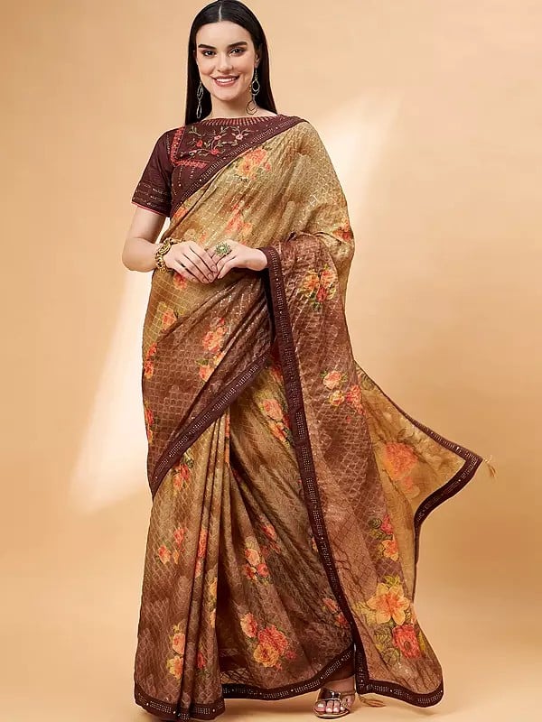 Georgette Resham And Sequins Embroidered Beige-Brown Flower Pattern Saree With Raw Silk Blouse