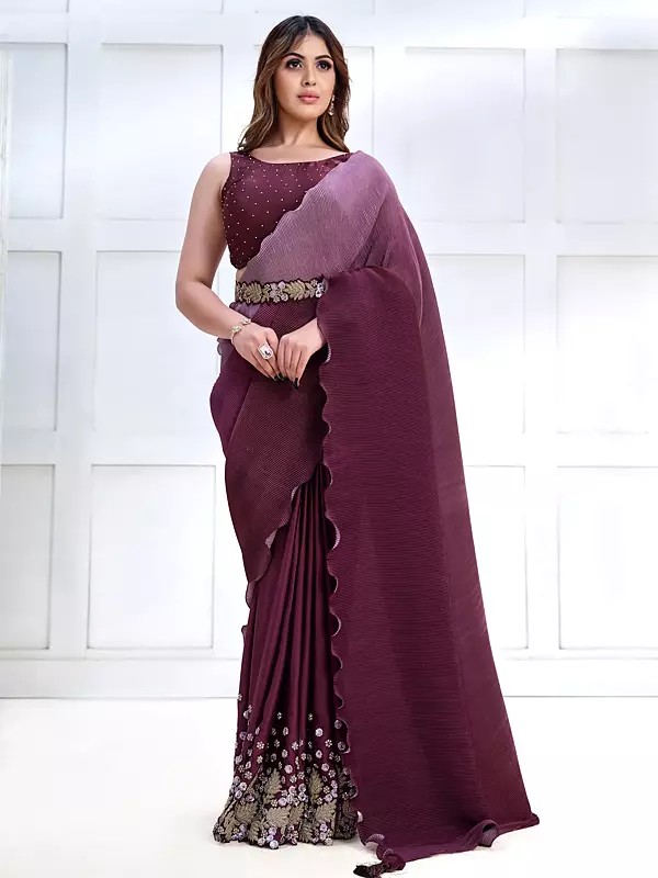 Crepe Satin Silk Texture With Cord & Sequence Embroidered Wine Berry Saree With Blouse And Belt