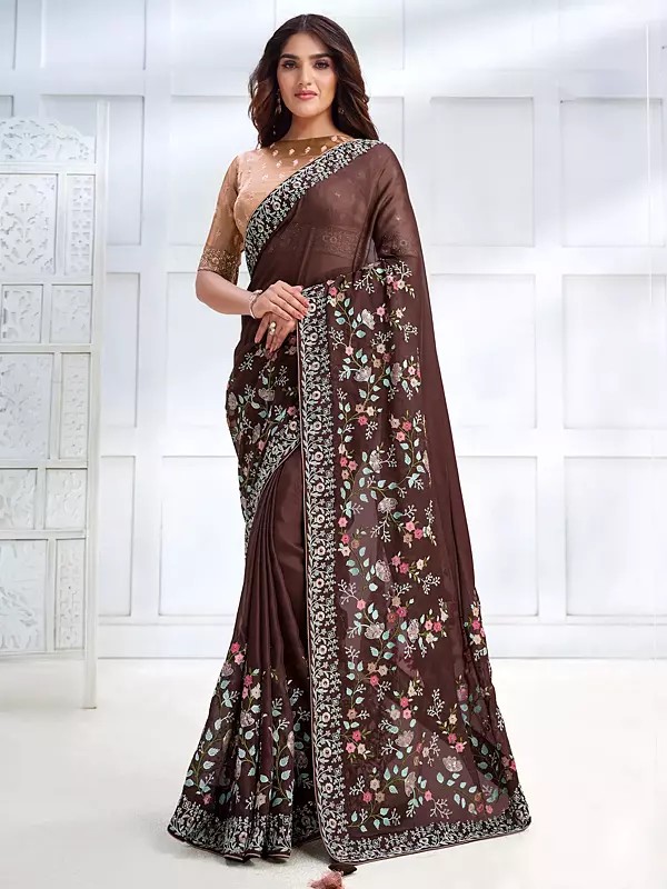 Two Tone Georgette Silk Sequence Embroidered Congo Brown Saree With Floral Motif