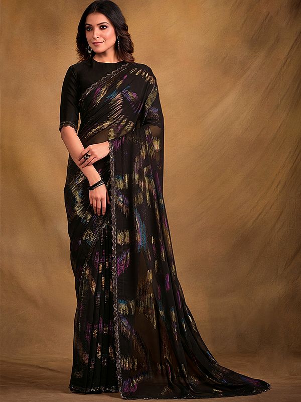 Jet-Black Zari Jacquard Designer Saree With Blouse For Women's
