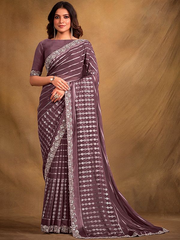 Magenta-Purple Stripe Pattern Georgette Kasab Designer Saree with Blouse