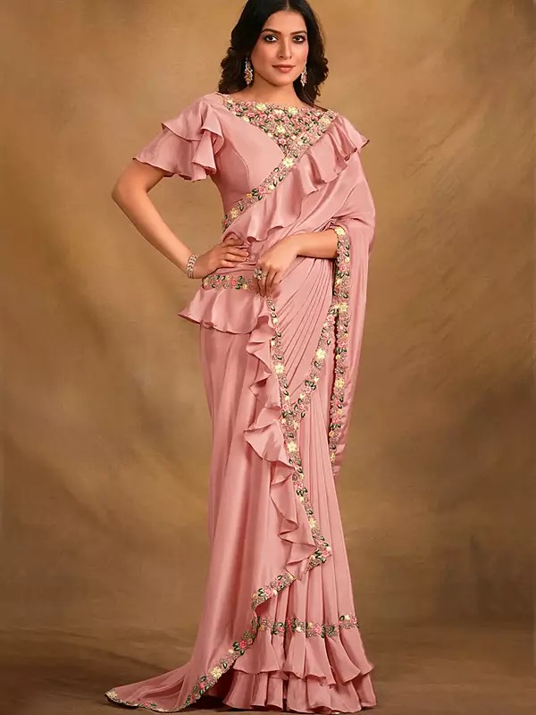 Plain-Peach Crepe Georgette Silk Designer Saree With Blouse