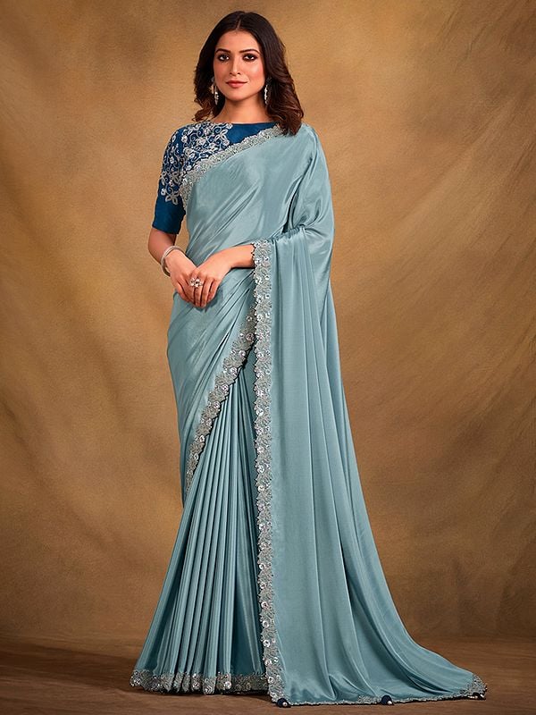 Bluish-Grey Crepe Georgette Plain Silk Saree With Blouse For Women's