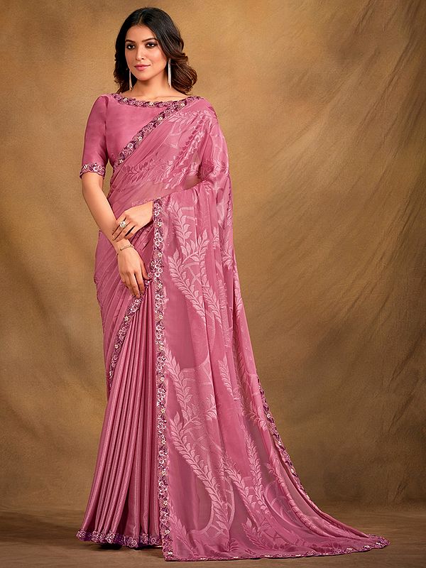 Muted-Pink Leaf Pattern Georgette Sequins Jacquard Designer Saree With Blouse