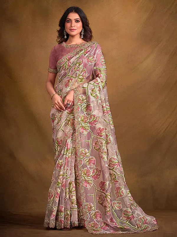 Pinkish-Grey Leaf Branch Pattern Burning Tissue Designer Saree With Blouse