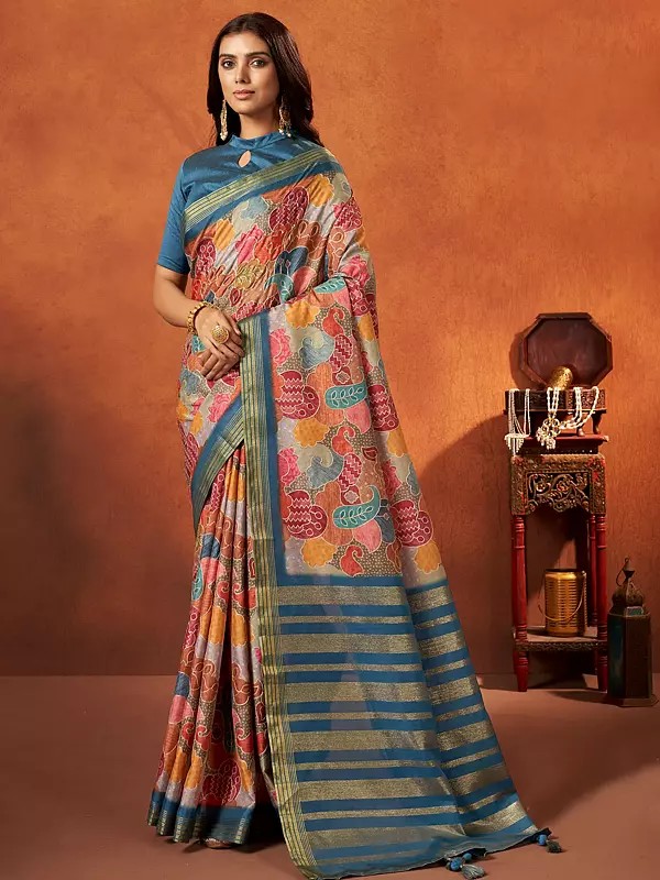 Rangkat Crepe Silk Multi-Colore Paisley Pattern Multicolor Saree With Poly Dupion Blouse