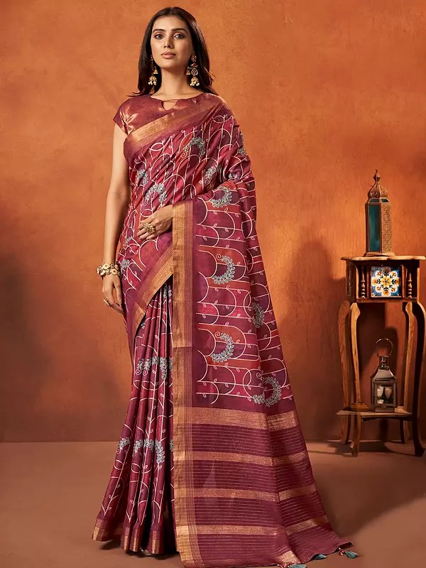 Rangkat Crepe Silk Woven Leaf Design Traditional Rose Vale Saree With Brocade Jacquard Blouse
