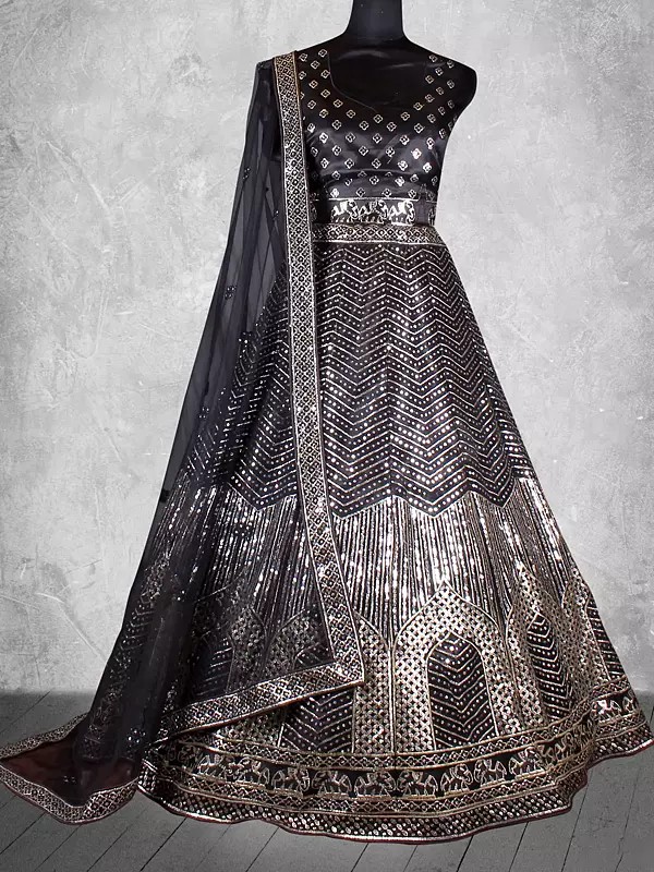 Satin Silk Cord and Sequins Embroidered Bridal Lehenga with Net Dupatta