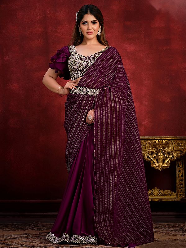 Crepe Satin Silk Mulberry Wood Saree And Textured Pallu With Blouse And Belt