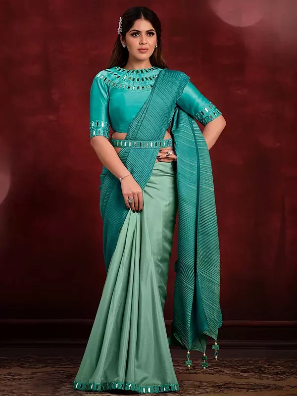 Crepe Silk Georgette Mirror Thread Work Light Sea Green Saree And Textured Pallu With Malai Satin Blouse And Belt