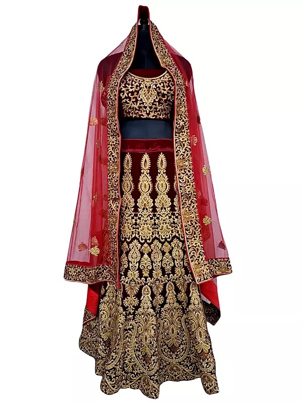 Velvet Fabrics Embroidered Floral Design Bridal Dark Maroon Lehenga Choli