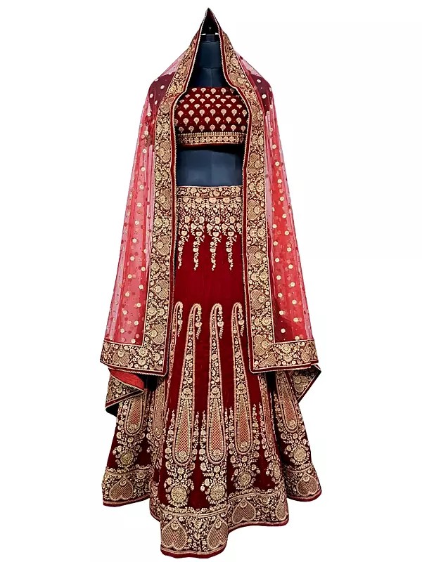 Velvet Fabrics Embroidered Bridal Dark Red Lehenga Choli