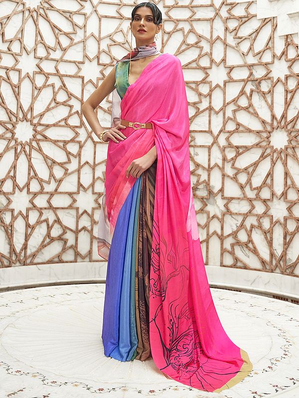 Amazing Multi-Color Kalamkari Printed Pure Silk Crepe Saree With Blouse