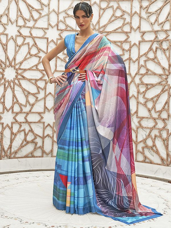 Casual Wear Azure-Blue Printed Pure Silk Crepe Saree With Blouse