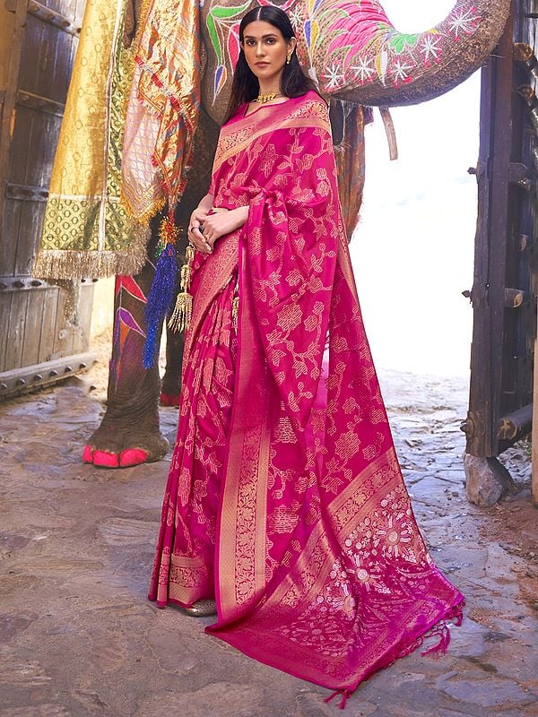 Floral Print Silk Saree in Handloom Weaving with Blouse