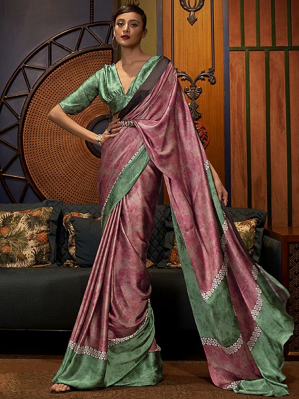Attractive Floral Printed Japan Satin Crepe Saree with Blouse