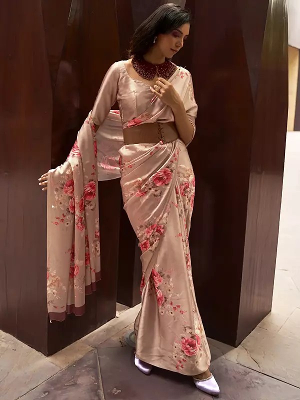 Stunning Women's Digital Floral Printed Satin Crepe Saree With Blouse