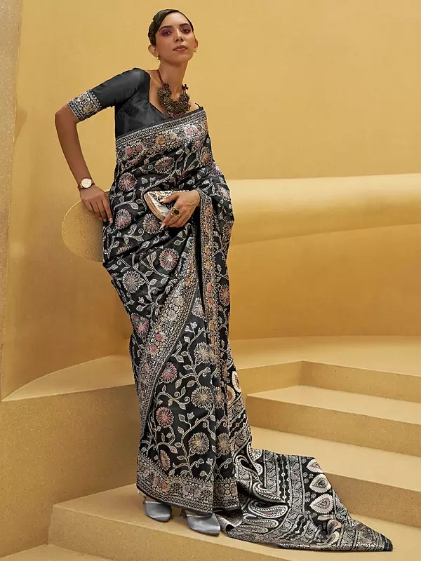 Floral Embroidered Chickankari Lucknowi Weaving Saree with Paisley Border