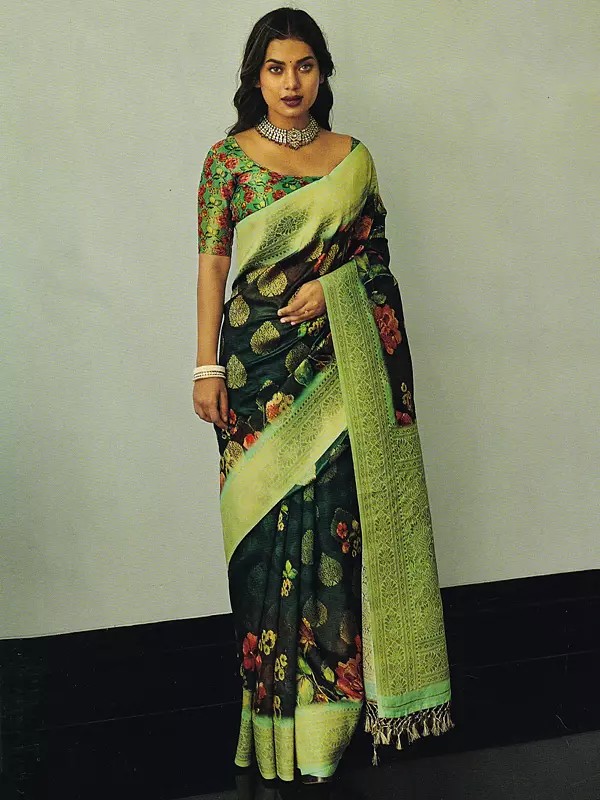 Organza Digital Printed Saree with Zari Brocaded Aanchal