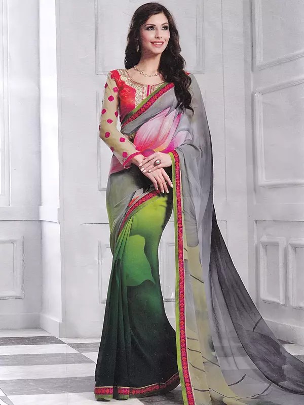 Multicolor Georgette Saree with Lotus Print and Patch Border