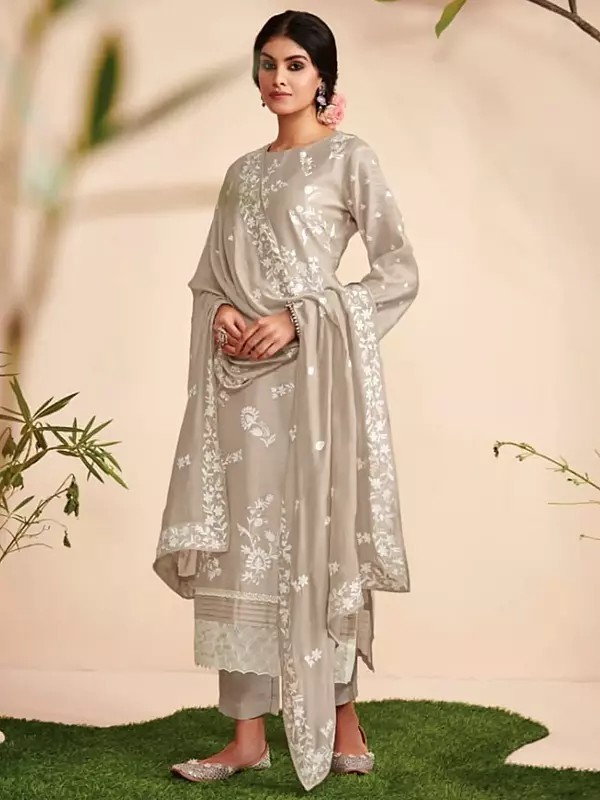 Feather-Gray Aari Embroidered Salwar Suit with Dupatta