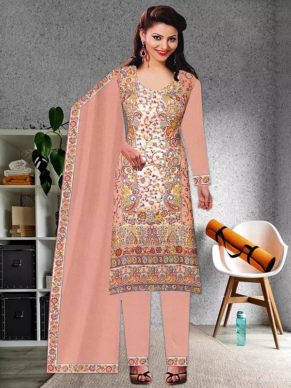 Tropical-Peach Jamawar Poly Wool Salwar Kameez Suit with Multi-Color Kani Weave