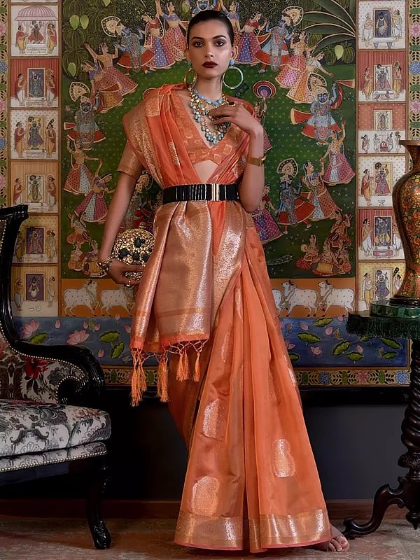 Two Tone Weaving Organza Saree And Paisley Design In Border With V-Shape Blouse
