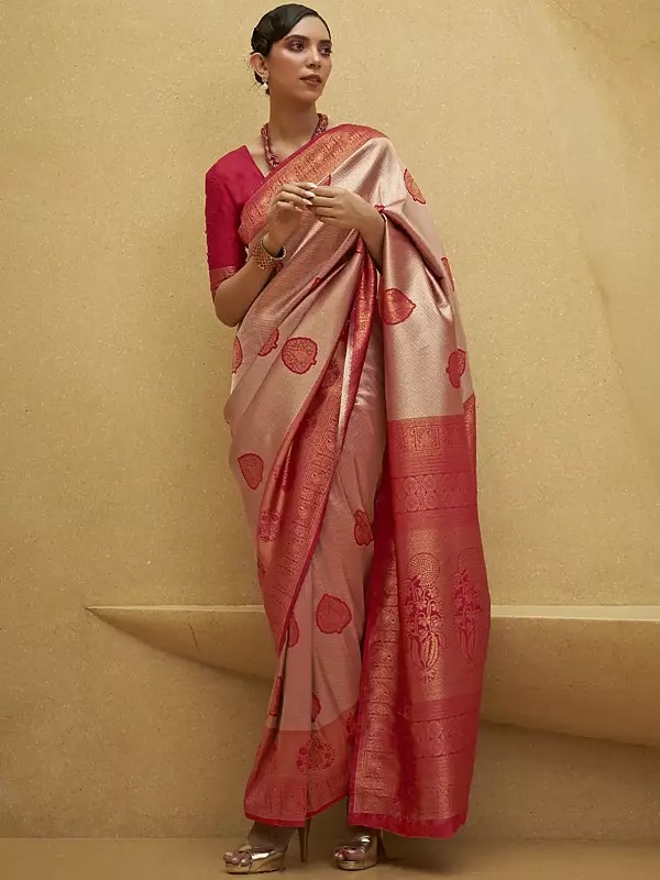 Designer Nylon Two-Tone Handloom Weaving Silk Saree With Paisley And Floral Border