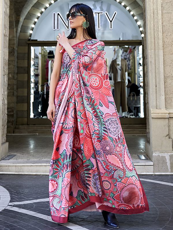 Digital Floral Printed Satin Crepe Saree With Blouse For Festival