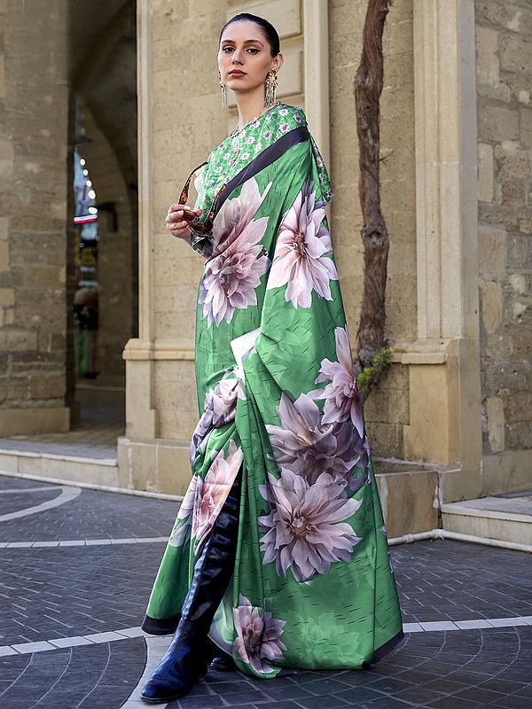 Seaweed-Green Digital Floral Printed Satin Saree With Blouse For Women's