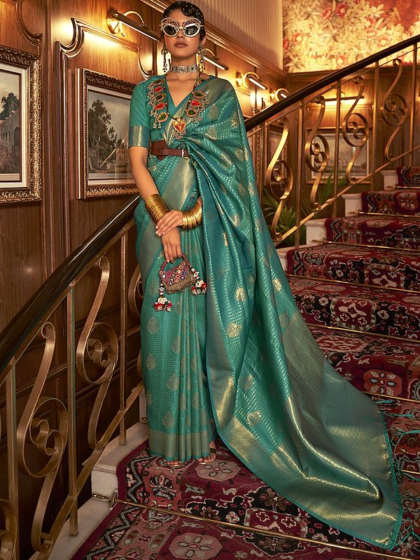 Wedding Wear Nylon Chinon Weaving Silk Saree With Floral Buttas And Contrast Border