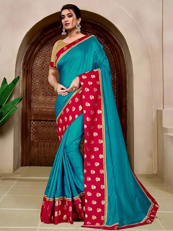 Silk Metallic Foil Print Teal Saree And Golden Flower Pattern In Border With Blouse
