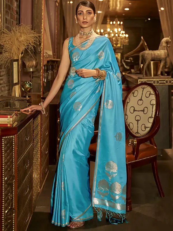 Floral Design Pure Satin Handloom Weaving Soft Silk Saree with Blouse & Tassels