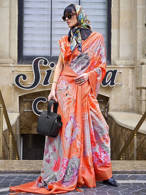 Pinkish-Orange Handloom Woven Gaji Silk Saree with Digital Floral Print for Women's