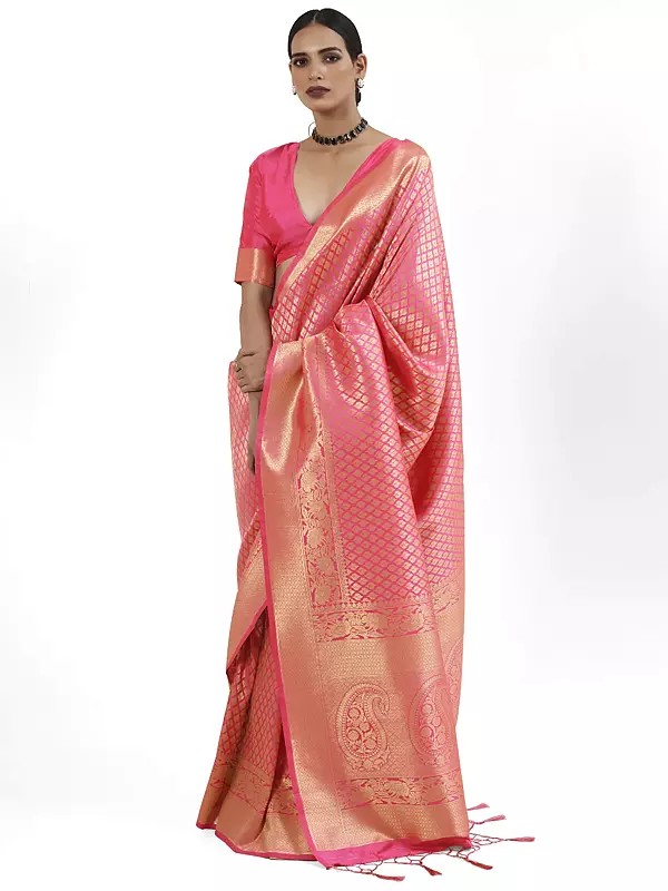 Pure Handloom Woven Small Butti Motif Silk Saree with Tassels Pallu