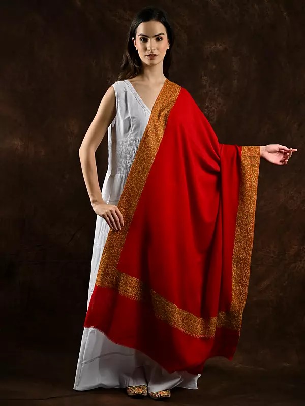 Pure Wool Plain Kashmiri Tusha Shawl with Sozni Hand Embroidered Wide Border