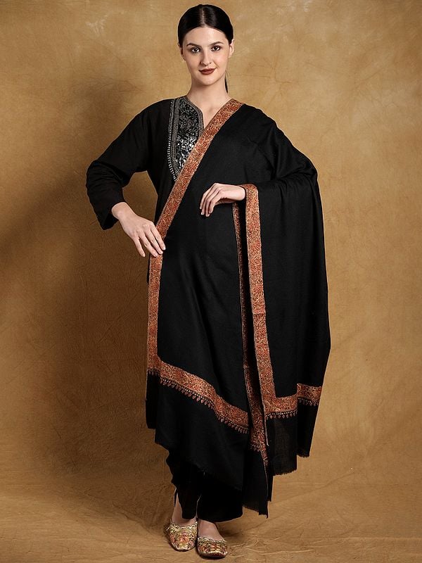 Pirate-Black Diamond Weave Pure Wool Shawl from Kashmir with Phool-Bail Sozni Hand Embroidery on Border