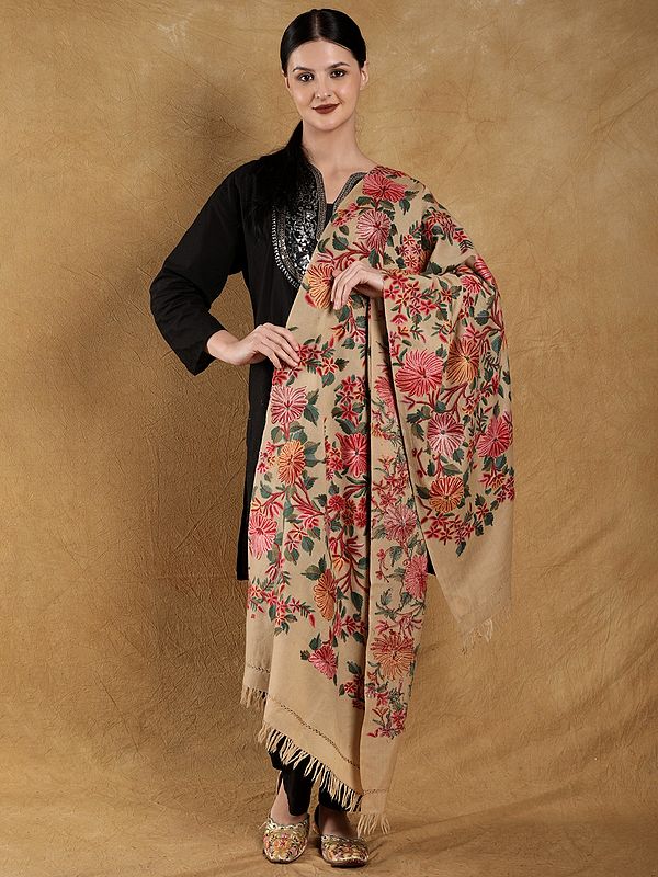 Sea-Mist Pure Wool Stole from Kashmir with Floral Aari Embroidery by Hand