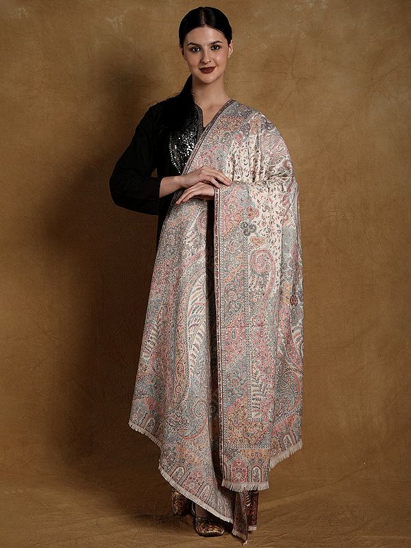 Kani Jamawar Wool Shawl From Amritsar with Multicolor Woven Flowers on All-Over
