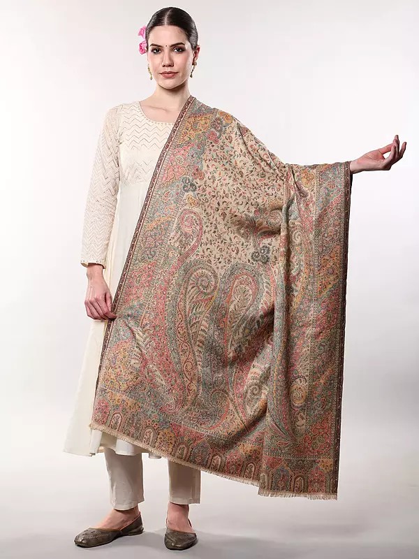 Kani Jamawar Wool Shawl From Amritsar with Multicolor Woven Flowers on All-Over