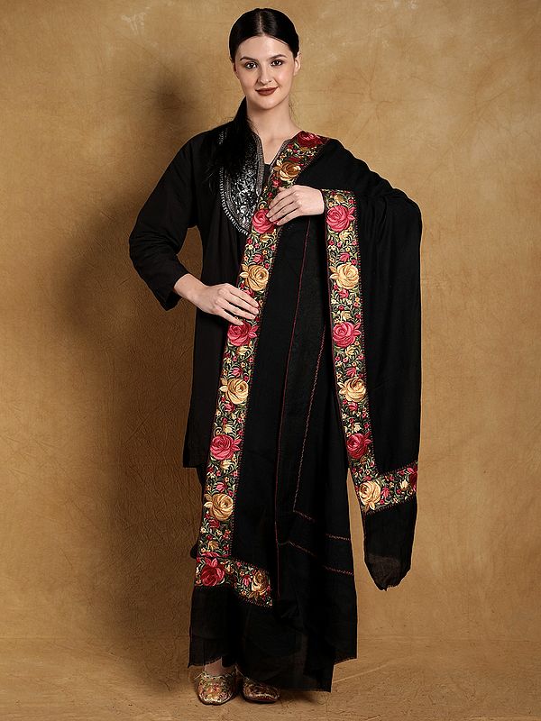 Black-Beauty Plain Shawl from Amritsar with Parsi Embroidered Patch Border