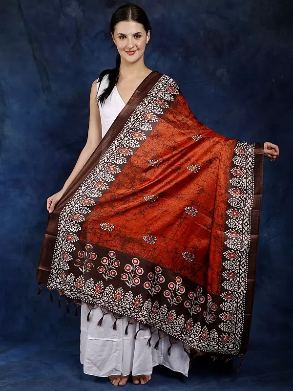 Batik Printed Banglori Art Silk Dupatta with Peacock Border and Tassels