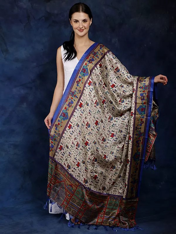 Art Silk Dupatta with Printed Warli Folk Art Motifs