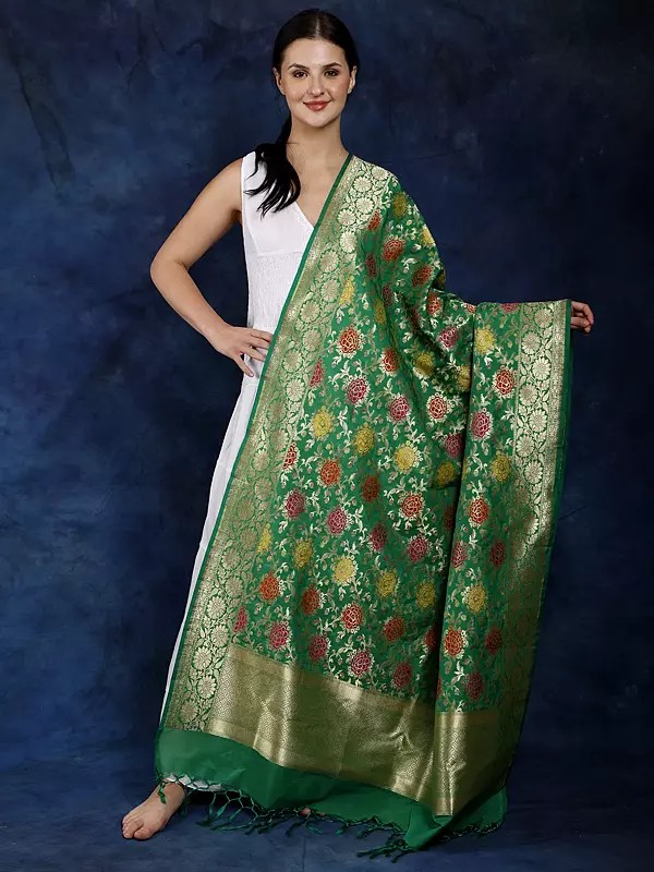 Banarasi Silk Dupatta with Brocaded Floral Vine Motifs and Latkan Palla
