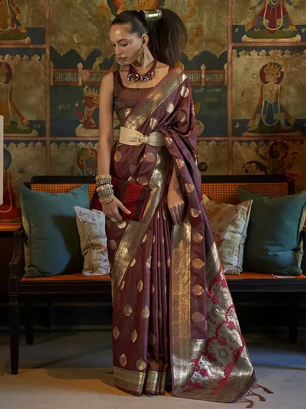 Floral Print Pure Satin Tanchoi Handloom Weaving Saree with Blouse