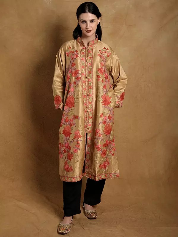 Fall-Leaf Art Silk Aari Embroidered Long Jacket from Kashmir