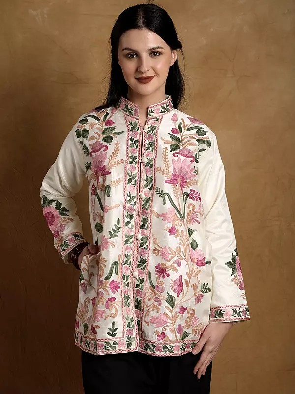 Snow-White Short Jacket from Kashmir with Aari Embroidered Multicolor Flowers