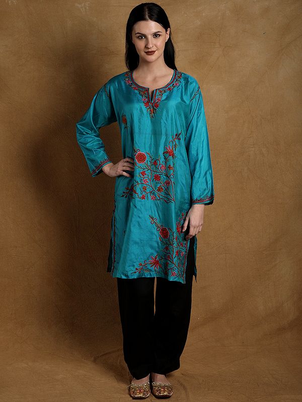 Lake-Blue Pure Silk Long Kurti from Kashmir with Floral Aari Embroidery by Hand