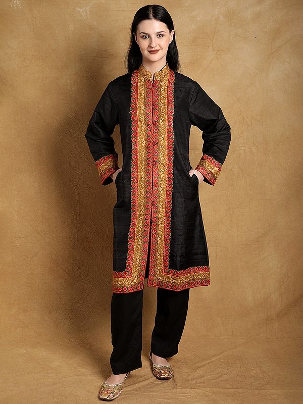 Moonless-Night Pure Silk Long Jacket from Kashmir with Hand Aari Embroidered Paisleys on Border