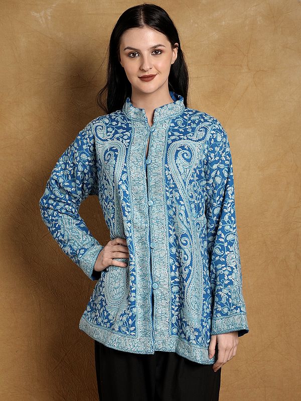Directoire-Blue Pure Wool Short Jacket from Kashmiri with Paisley Jaal Aari Embroidery by Hand